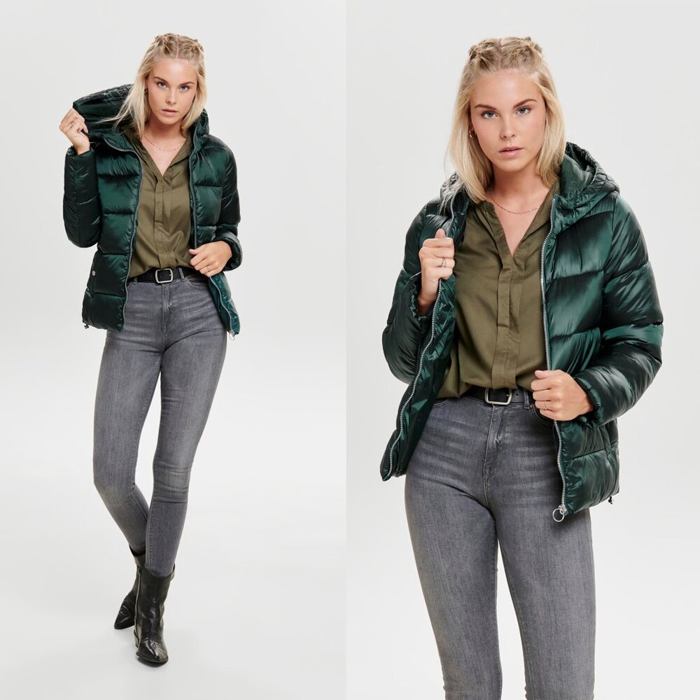 NEW! Scandinavian Pearlized Quilted ONLY Puffer Jacket/ Coat Dark Forest Green,S